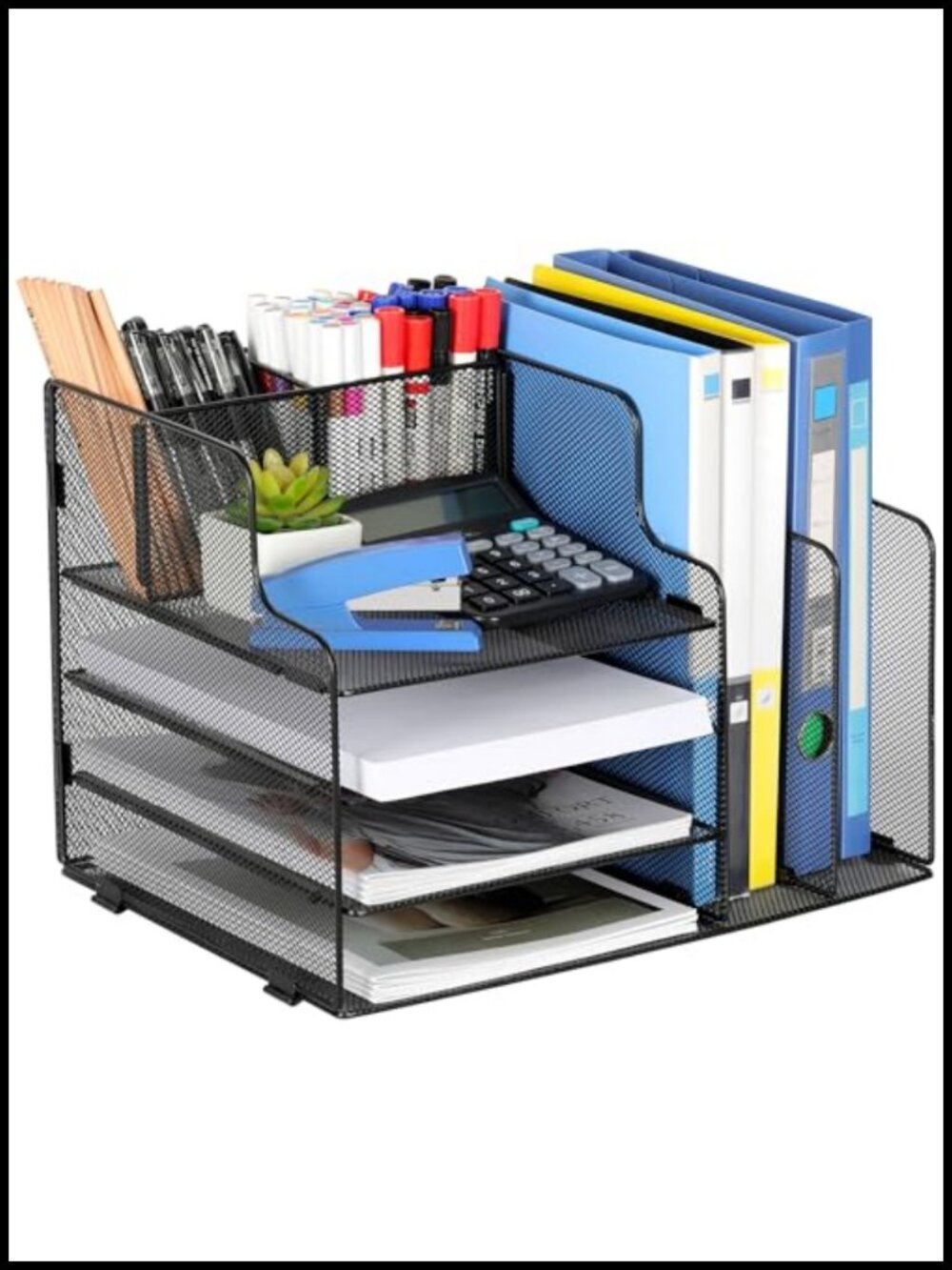 4-Tier Metal Mesh Desk Organizer with File Holders & Pen Storage